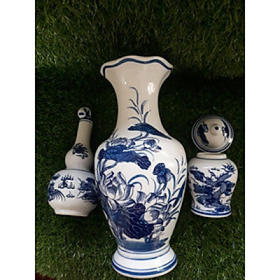 Combo lọ hoa hũ muối và hồ lô thờ cúng sứ Bát tràng men lam 