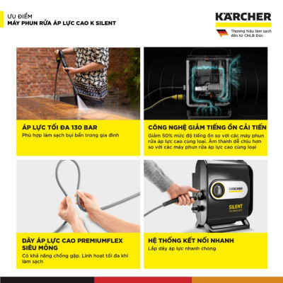 Máy phun rửa áp lực cao Karcher K Silent - Công suất 1800W, áp lực tối đa 130 bar - Bảo hành chính hãng 24 tháng - Hàng Chính Hãng