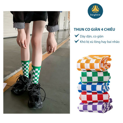  Vớ cotton cổ cao họa tiết caro phong cách xuân thu dành cho nam nữ - Buybox - BBPK244