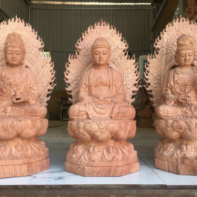 Bộ tượng phật tam thánh ngồi đài sen bằng gỗ hương kt cao 30×15×16cm