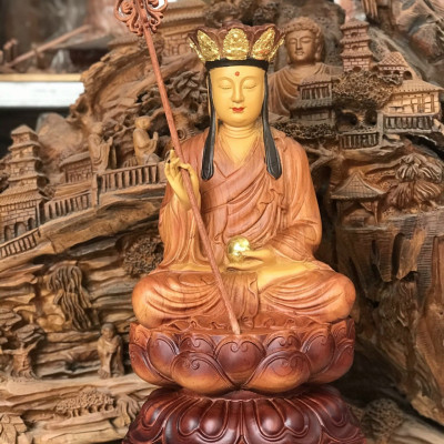Tượng phật địa tạng vương bồ tát dáng ngồi bằng gỗ hương đá liền khối tô mầu giả cổ kt 50×25×25cm