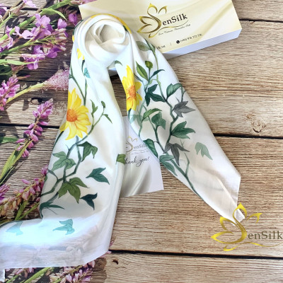 Khăn Lụa Vuông Vẽ Hoa Dã Quỳ SenSilk 90x90cm, Painting Silk Scarves for Women, Khăn Quàng Cổ Thời Trang