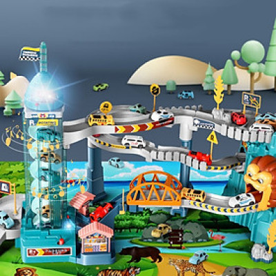 Bộ đồ chơi đường hầm sư tử, đồ chơi đua xe ô tô qua đường ray kết hợp bãi đỗ xe cao cấp, quà tặng sinh nhật cho bé