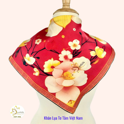 Khăn in Lụa 100% Tơ Tằm SenSilk Hoa Đào - Quà Tặng Doanh Nghiệp Tinh Tế - Square Silk Scarf Printed - Khăn Lụa Tơ Tằm Thuần Việt