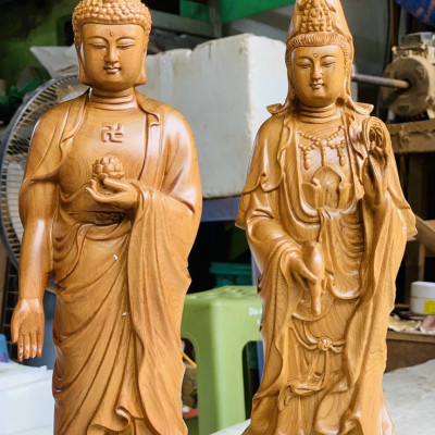 Bộ tượng phật tam thánh bằng gỗ bách xanh thơm nức kt cao 40×12cm