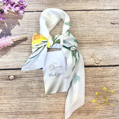 Khăn Lụa Vuông Vẽ Hoa Dã Quỳ SenSilk 90x90cm, Painting Silk Scarves for Women, Khăn Quàng Cổ Thời Trang