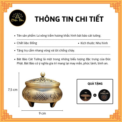 Lư xông trầm hương Lư đồng khắc hình bát bảo cát tường lư đốt trầm tặng trụ và lót chống cháy đồ thờ cúng phong thủy Diệu Tâm