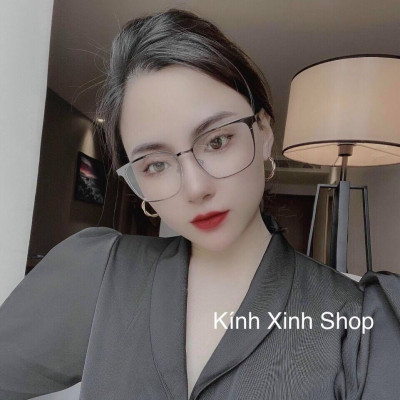 Kính tròng trắng chống ánh sáng xanh, chống uv mắt vuông to kim loại (ĐEN)