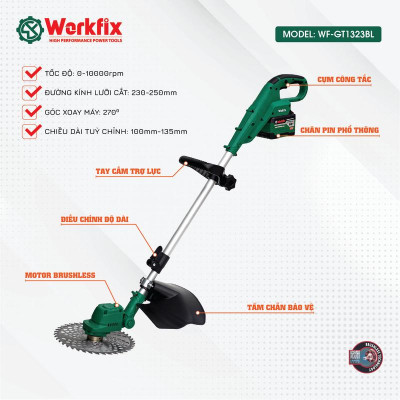 Máy cắt cỏ pin WORKFIX WF-GT1323BL, Động cơ Không chổi than, Dài 130cm, Lưỡi 250mm - Bảo Hành Chính hãg