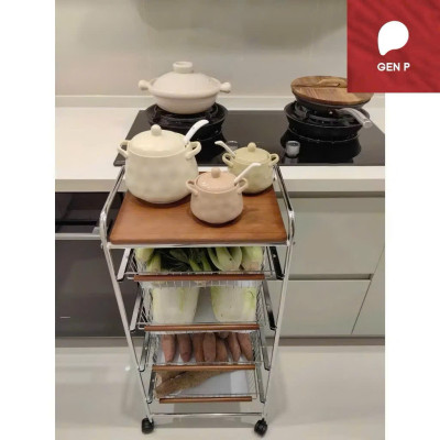 Xe Đẩy Kệ Để Đồ Đa Năng Nhiều Ngăn Tầng Có Ván Gỗ Retro Vintage – Khung Kim Loại Chắc Chắn, Kệ Trang Trí Nhà Bếp Phòng Khách - HÀNG CHÍNH HÃNG MINIIN