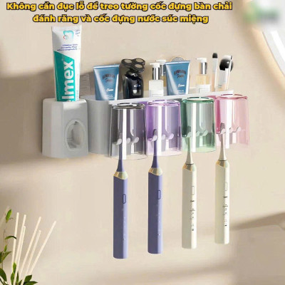 Bộ Nhả Kem Đánh Răng Tự Động – Kệ Bàn Chải Dán Tường, 4 Cốc Tiện Lợi Cho Gia Đình