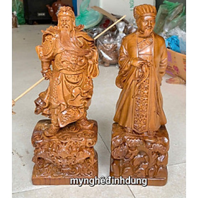 Combo cặp tượng văn võ song toàn khổng minh gia cát lượng và quan công bằng gỗ bách xanh thơm nức kt cao 30x11x9cm