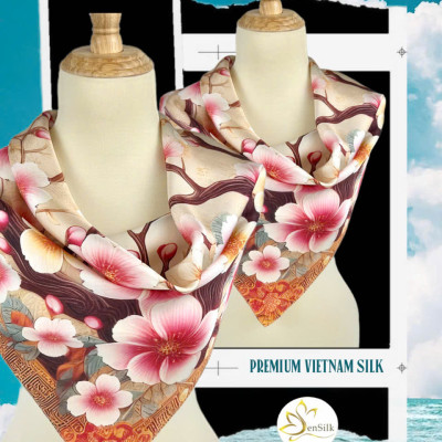 Silk Printed Square Scarves - Khăn in Lụa Cao Cấp SenSilk - Quà Tặng Khăn Lụa Đẳng Cấp Việt Nam - Họa Tiết Hoa Đào
