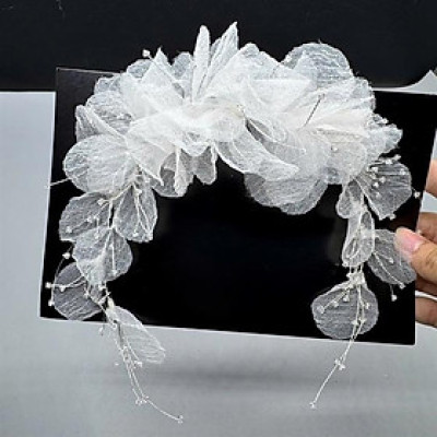 Băng đô cài tóc cô dâu hoa voan mềm trắng vân mây