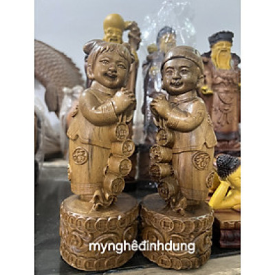 Cặp tiểu đồng chúc phúc bằng gỗ bách xanh thơm nức cao 20x8x8cm