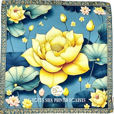 100% Silk Printed Scarf 3D Gold Lotus - Quà Việt Nam Đẳng Cấp - Khăn Lụa Vuông Thời Trang SenSilk 65x65cm