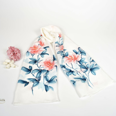 Khăn Quang Cổ Lụa Vẽ Hoa Mẫu Đơn SenSilk 160x55cm, Quà Tặng Mẹ Yêu, Phụ Kiện Thời Trang Cao Cấp Cho Nữ, Tinh Hoa Làng Nghề Truyền Thống Việt Nam, Vietnam Hand Painted Silk Scarves.