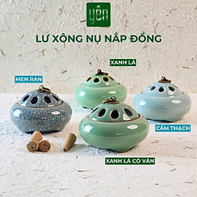 Lư Xông Nụ Trầm Gốm Sứ Nắp Đồng Hoa Văn - Dùng Đốt Nụ Trầm, Nụ Thảo Mộc Thuần Việt