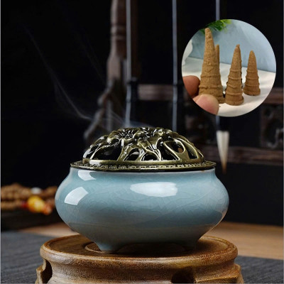 Lư sứ đốt trầm hương, xông đốt phong thủy cao cấp- Tặng tri ân 1 hộp 40 nhang vòng trầm hương thắp bàn thờ , xông nhà, thanh lọc không khí, tẩy uế nhà cửa