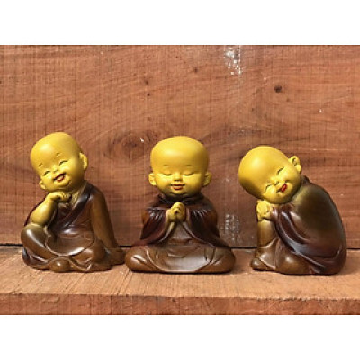 Bộ chú tiểu an nhiên bằng gỗ bách xanh thơm nức tô làm mầu giả cổ kt 6×7×8cm