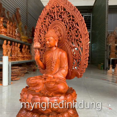 Tượng phật liên hoa bằng gỗ hương đá kt cao 60×36×36cm +lá chắn hào quang cao tổng 81cm