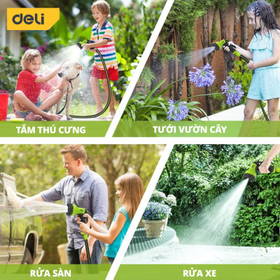 Bộ vòi nước tưới cây, rửa xe đa năng Deli dây dài 10m - Tặng kèm bộ phụ kiện đầu nối đa năng