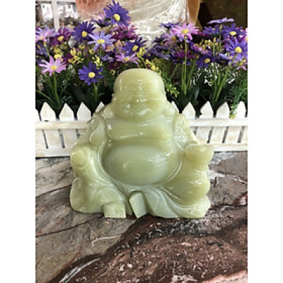 Tượng Phật Di Lặc ngồi tay cầm thỏi vàng đá ngọc Onyx để bàn - Dài 18 cm