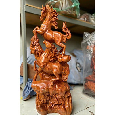 Tượng song mã uyên ương gỗ hương đá kt 60×29×15cm