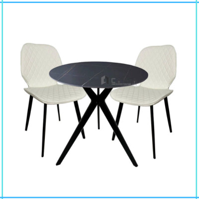 Bộ bàn tròn tiếp khách văn phòng nhỏ mặt đá phiến 2 ghế bọc Simili chân sắt nhập khẩu cao cấp SL TE1539-08E / LUX 37A-P- Small round table and 2 chairs