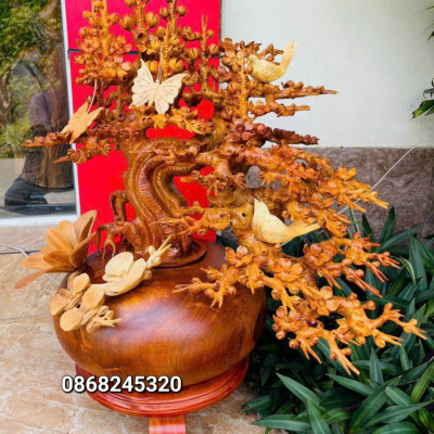 1 bình hoa mai lan phong thủy trang trí phòng khách bằng gỗ hương ta kt cao 72×55×48cm 