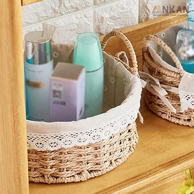 Giỏ Picnic Hình Tròn Có Quai – Đan Tay Thủ Công, Lót Vải Hoa Vintage, Giỏ Đựng Đồ Trang Trí Xinh Xắn