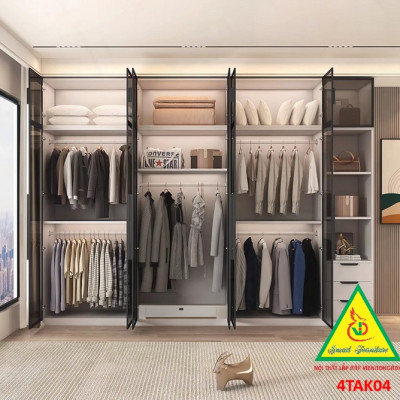 Tủ quần áo gỗ MDF cánh kính cường lực khung nhôm 4TAK04 - Nội thất lắp ráp Viendong Adv