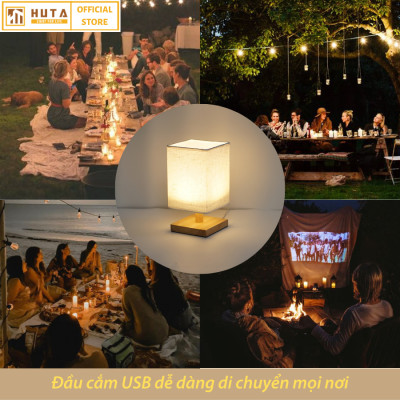 Đèn ngủ để bàn HUTA G3S Gỗ Chao Vuông Hiện Đại Decor Trang trí phòng ngủ, Đọc Sách Đầu Giường, Đầu Cắm USB, Đèn Vàng Bóng LED Tiết Kiệm Điện