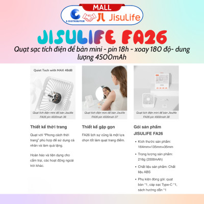 Quạt tích điện mini để bàn Jisulife FA26 - pin 4500mah pin 18 giờ, xoay 180 độ - Hàng chính hãng