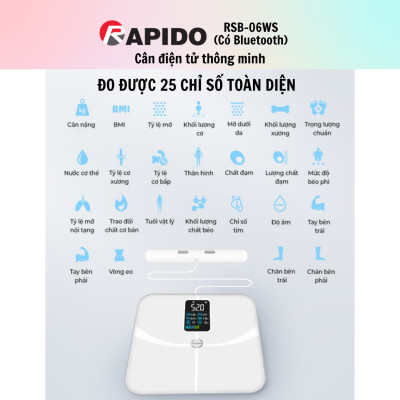 Cân sức khỏe thông minh Rapido RSB-06WS - Hàng chính hãng - Bảo Hành 12 Tháng