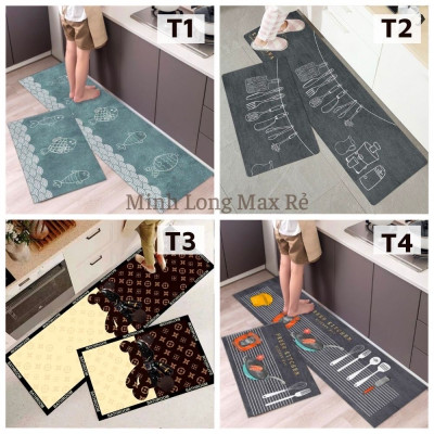 Bộ 2  Thảm Chùi Chân Nhà Bếp Hoa Văn 3D  Chống Trơn Trượt , Thấm Hút Nước Cực Tốt