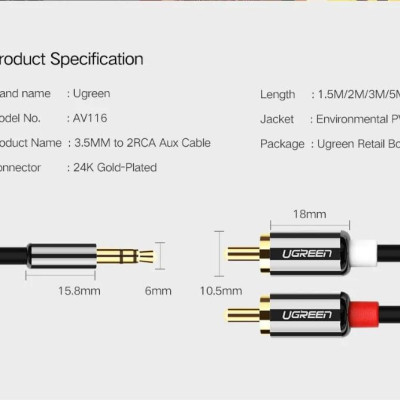 Ugreen UG10583AV116TK 1.5M màu Đen Cáp âm thanh 2 đầu Bông sen sang 3.5mm Dương mạ vàng - HÀNG CHÍNH HÃNG