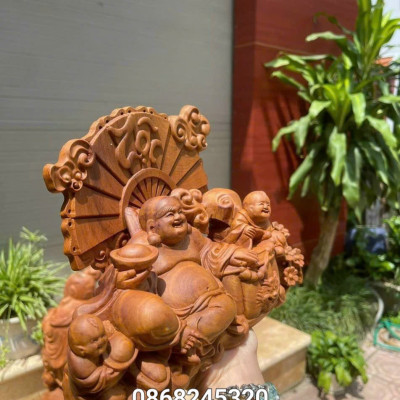 Tượng phật di lặc nhị phúc bằng gỗ bách xanh thơm nức kt 30×20×12cm 