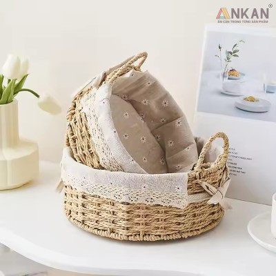 Giỏ Picnic Hình Tròn Có Quai – Đan Tay Thủ Công, Lót Vải Hoa Vintage, Giỏ Đựng Đồ Trang Trí Xinh Xắn