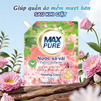 Túi nước xả vải Maxpure Hương Coco 3L - TẶNG 2 vỉ viên treo bồn cầu Evershine