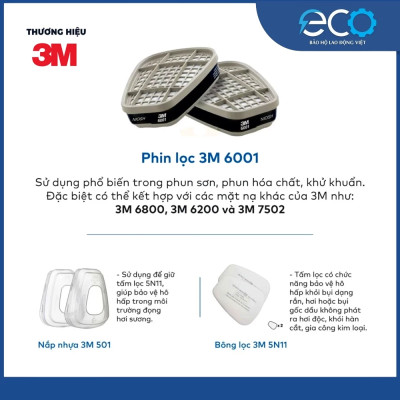 Mặt nạ phòng độc 3M 6800 với phin lọc 6001, 6003, 6006 kết hợp tấm lọc bụi 5N11 cùng nắp giữ 501 - Bộ mặt nạ chống độc 7 món lọc hơi hữu cơ xăng dầu phun sơn, chống độc, lọc bụi siêu mịn, vô cơ, hữu cơ