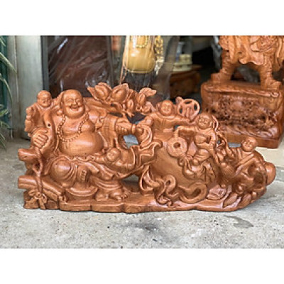 Tượng phật di lặc ngũ phúc kéo bao tiền bằng gỗ hương đá kt 40×22×11cm 