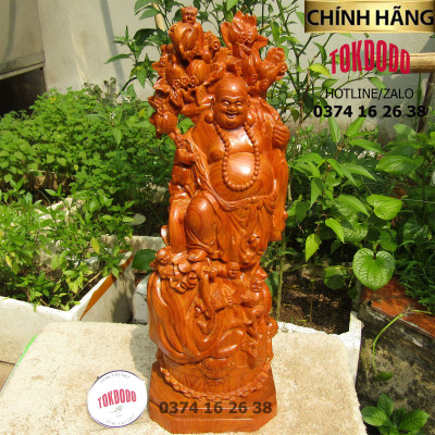 Tượng Di Lặc Ngũ Phúc Vác Cành Đào Gỗ Hương Nguyên Khối Hàng Thương Hiệu TOKDODO Đủ Kích Thước.