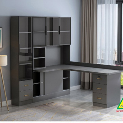 BÀN HỌC – BÀN LÀM VIỆC LIỀN KỆ GỖ MDF TỦ CÁNH KÍNH CÓ ĐÈN LED BLV401 - NỘI THẤT LẮP RÁP VIENDONGADV