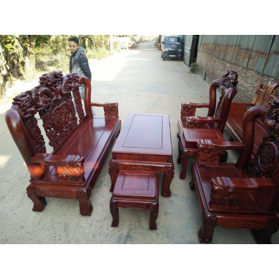 Bàn ghế gỗ phòng khách rồng trầu mặt nguyệt gỗ hương vân