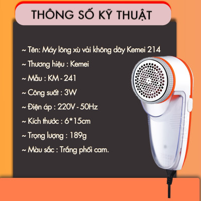 Máy cắt lông xù vải Kemei Km-241 chuyên dụng cắt lông xù quần áo, ga nệm nhanh chống sử dụng dây sạc tiện lợi - Hàng chính hãng