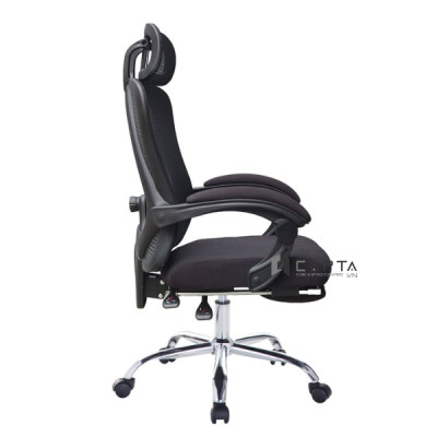 Ghế làm việc có gác chân CR4328-M Nội thất Capta Ghế văn phòng lưng lưới cao nệm vải đen khung nhựa đen tay nhựa nâng hạ độ cao chân xoay inox 201 có bánh xe tại tp hcm
