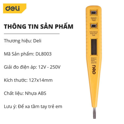 Bút Thử Điện Hàng Nhập khẩu  Deli 12-250V - Màn Hình LED Kỹ Thuật Số Hiển Thị  Thuận Tiện