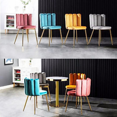 Bộ bàn ghế tiếp khách văn phòng bàn TE1526-06E chân inox mạ màu gold mặt đá trắng vân mây 60 cm kết hợp 4 ghế CC3006 B-F thân bọc vải nhung chân mạ màu vàng gold đẹp sang trọng tại HCM