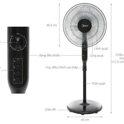 Quạt Đứng, Quạt Cây 5 Cánh Midea FS40-15Q (Quạt Điện Công Suất 55W, Chỉnh Gió 3 Tốc Độ, Có Chức Năng Hẹn Giờ)